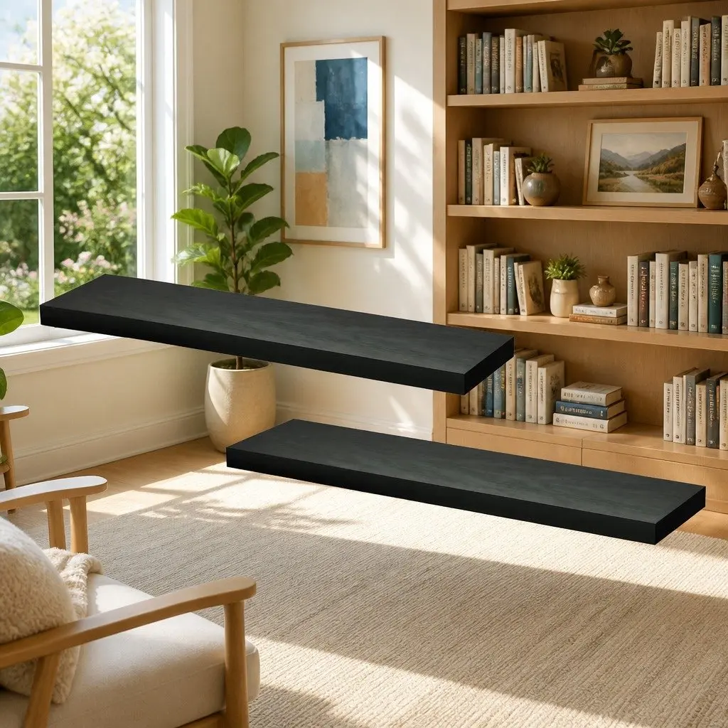 Floating Wall Shelf Set of 2 Black 90CM Storage Display Organiser Modern Design