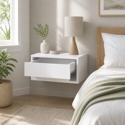 Floating Bedside Table Nightstand with Drawer Open Shelf Storage White Bedroom