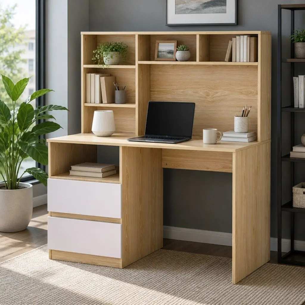 Computer Desk Office Study Table with Shelves Drawers Storage Cabinet White