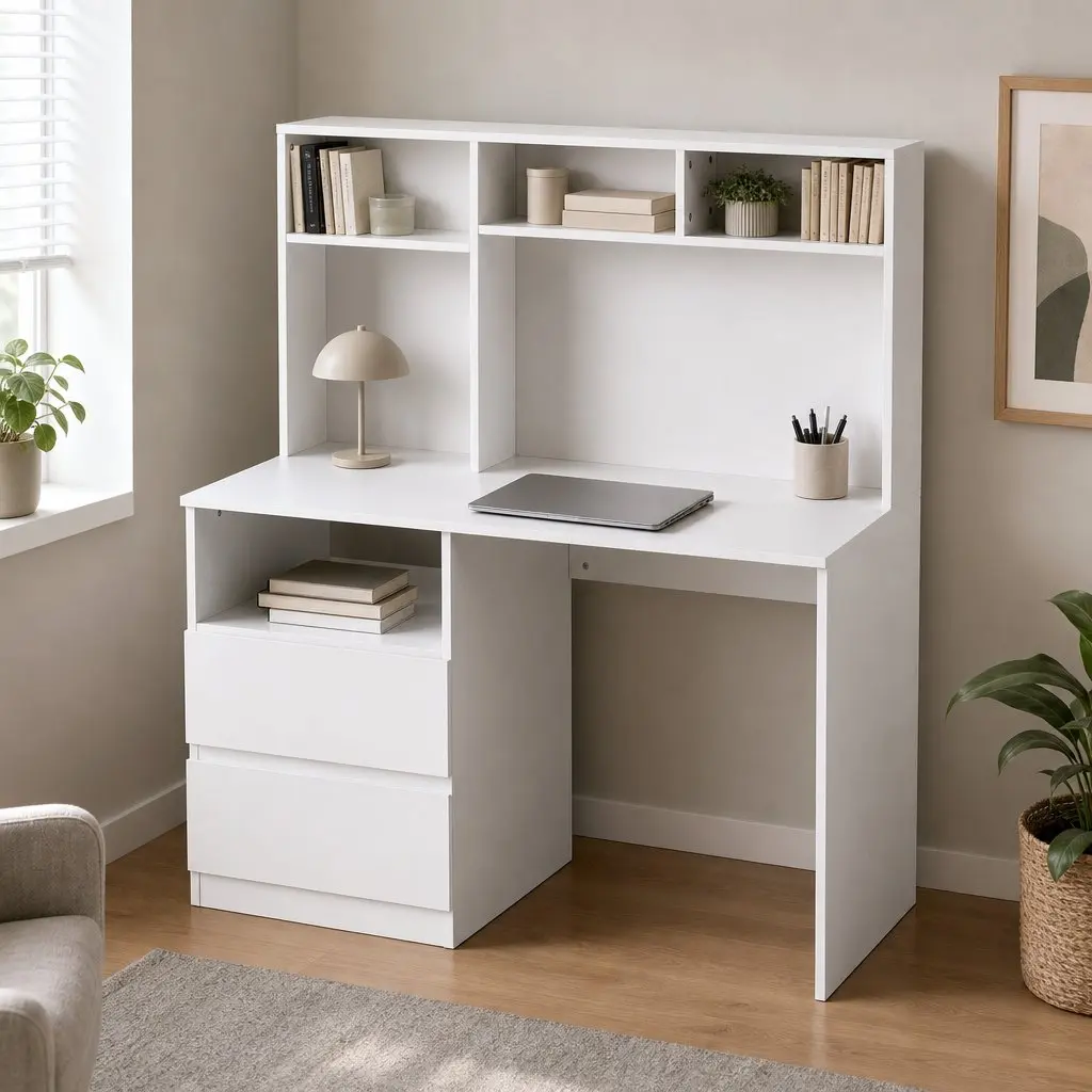 Computer Desk Office Study Table Storage Shelves Drawer Cabinet White 120cm