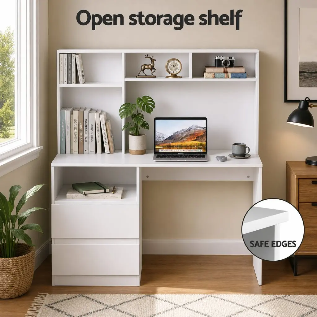 Computer Desk Wide Desktop Storage Shelves Drawer Cabinet White 120cm