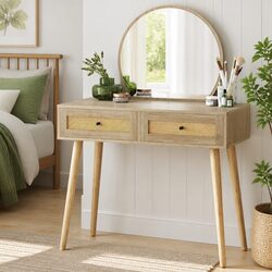Dressing Table Set Round Mirror Storage Drawers Rattan Pine Vanity Makeup
