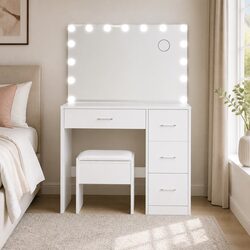 Dressing Table Set with Stool 15 LED Bulbs Hollywood Makeup Vanity White