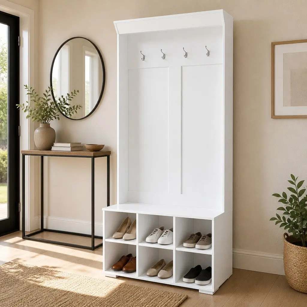 Shoe Rack Cabinet Hall Tree with Coat Hooks and Bench Storage 180cm White