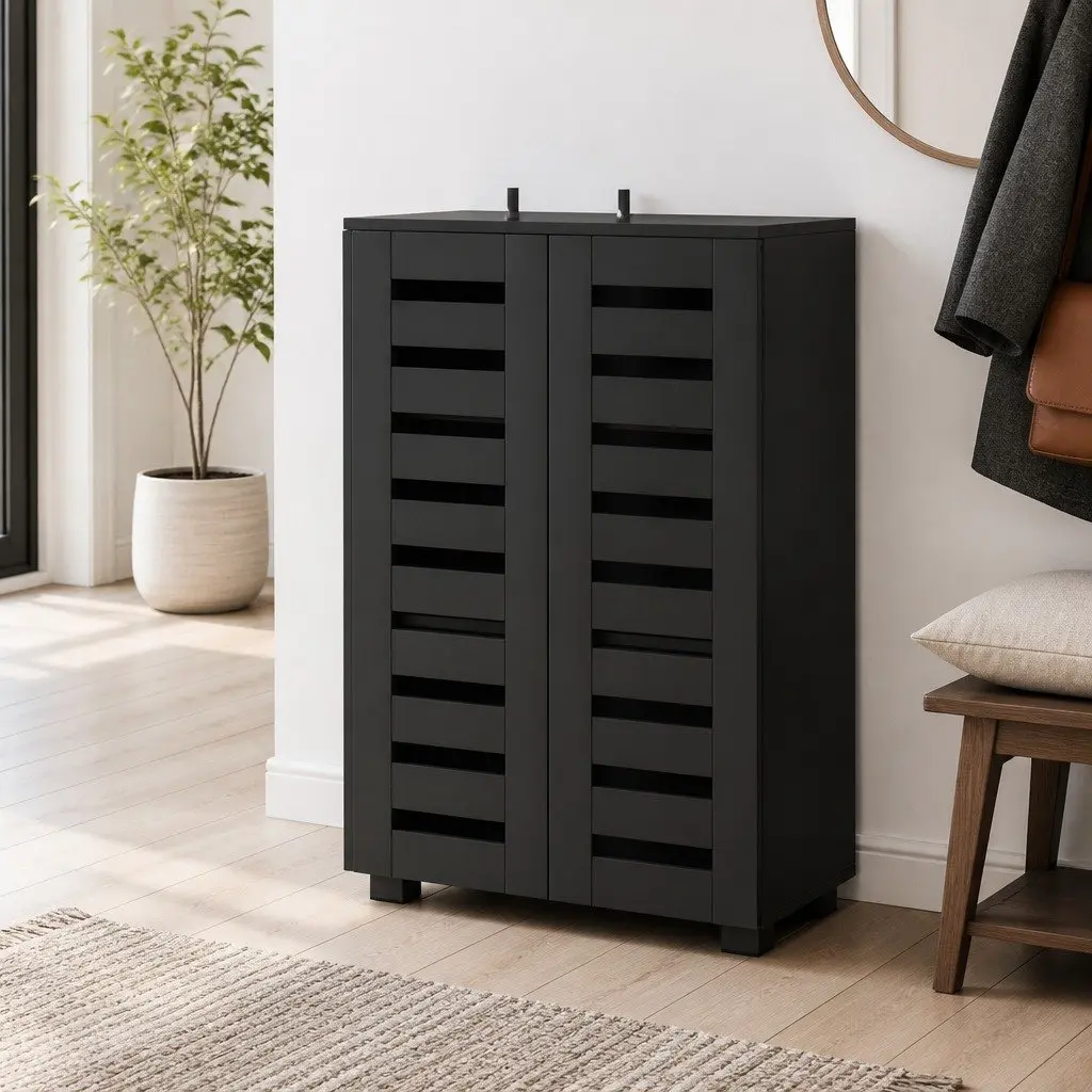 5-Tier Shoe Rack Storage Cabinet Black Ventilated Slatted Door Organiser 20