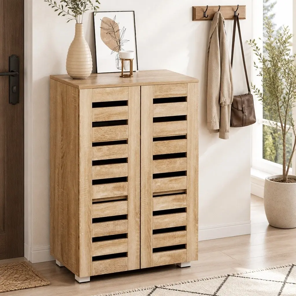Shoe Rack Cabinet 5-Tier Adjustable Shelves Ventilated Doors Oak Wood