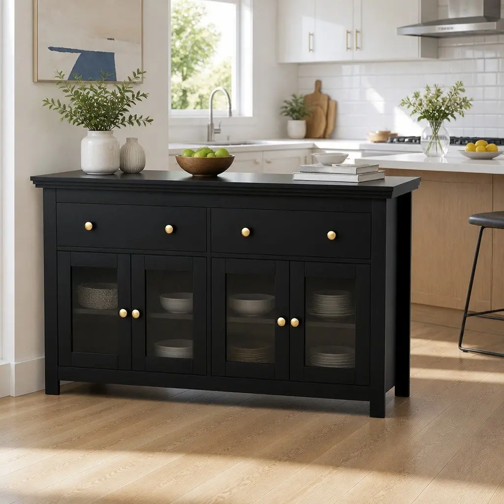 Buffet Sideboard Storage Cabinet Kitchen Cupboard Clear Glass Door Drawer 130cm