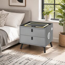 Smart Bedside Table with Wireless Charging Bluetooth Speaker USB Ports Grey