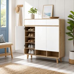 Shoe Rack Cabinet 5 Tier 3 Drawer Storage Cupboard White Pine Entryway Hallway
