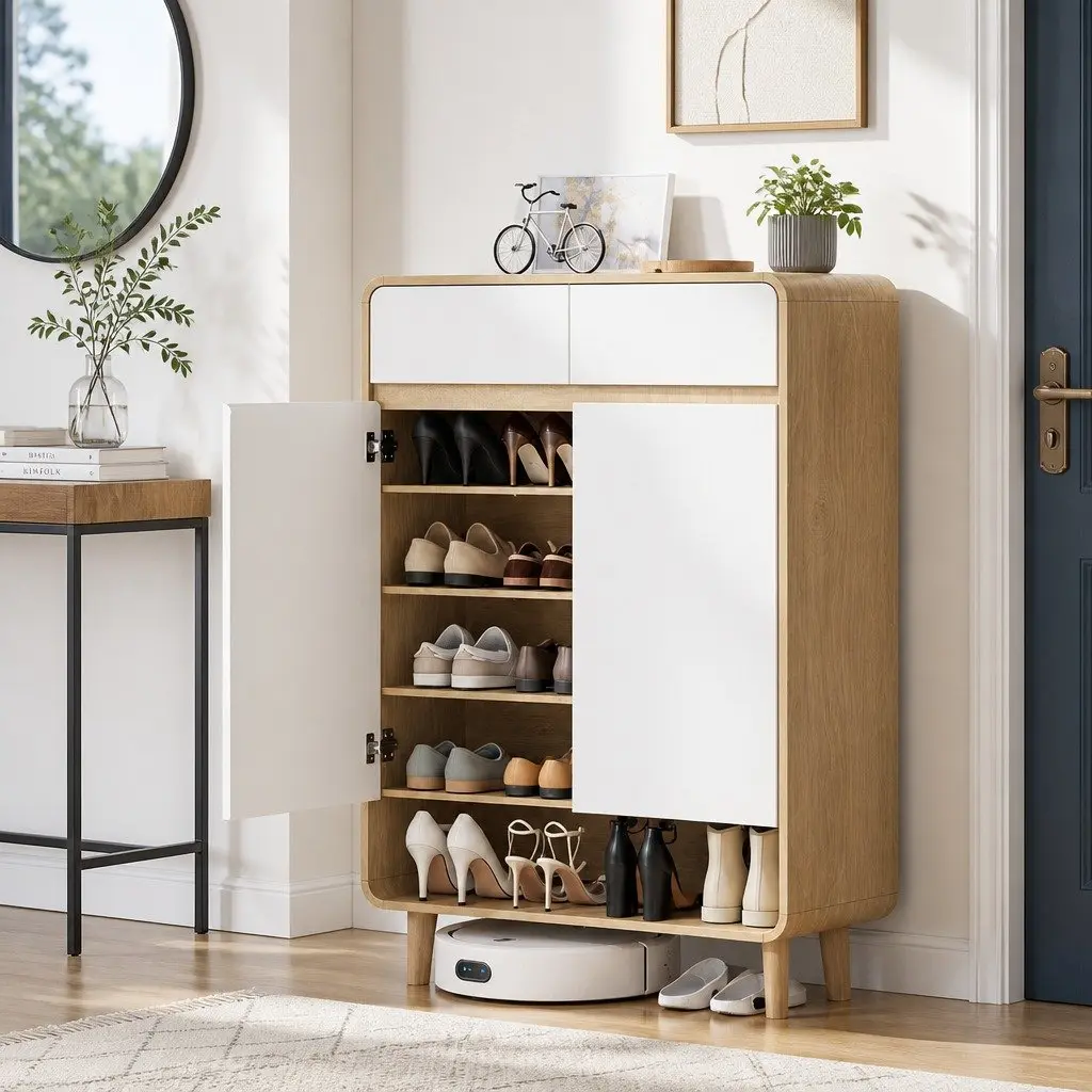 Shoe Storage Cabinet 5 Tier with Drawers White Pine