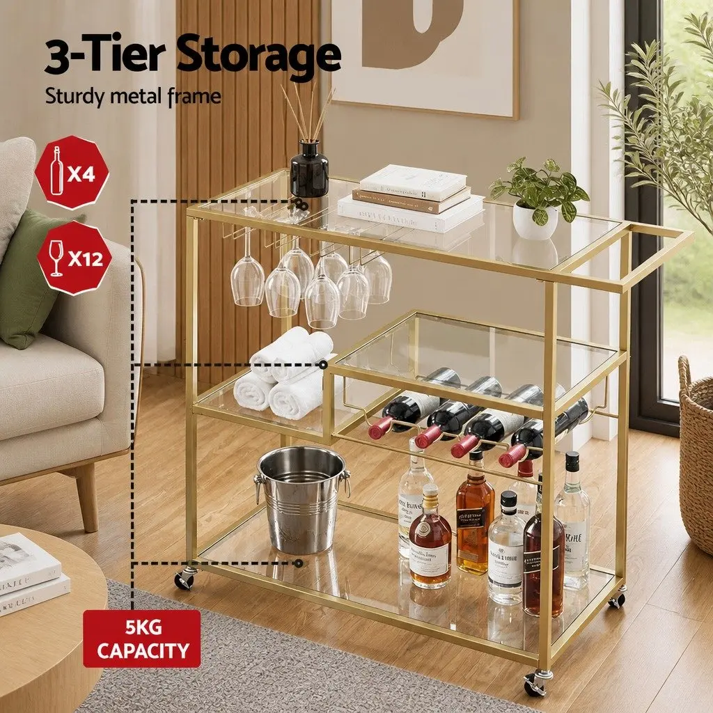 Bar Cart Serving Trolley Mirrored Glass Shelves 102cm Gold Metal Frame