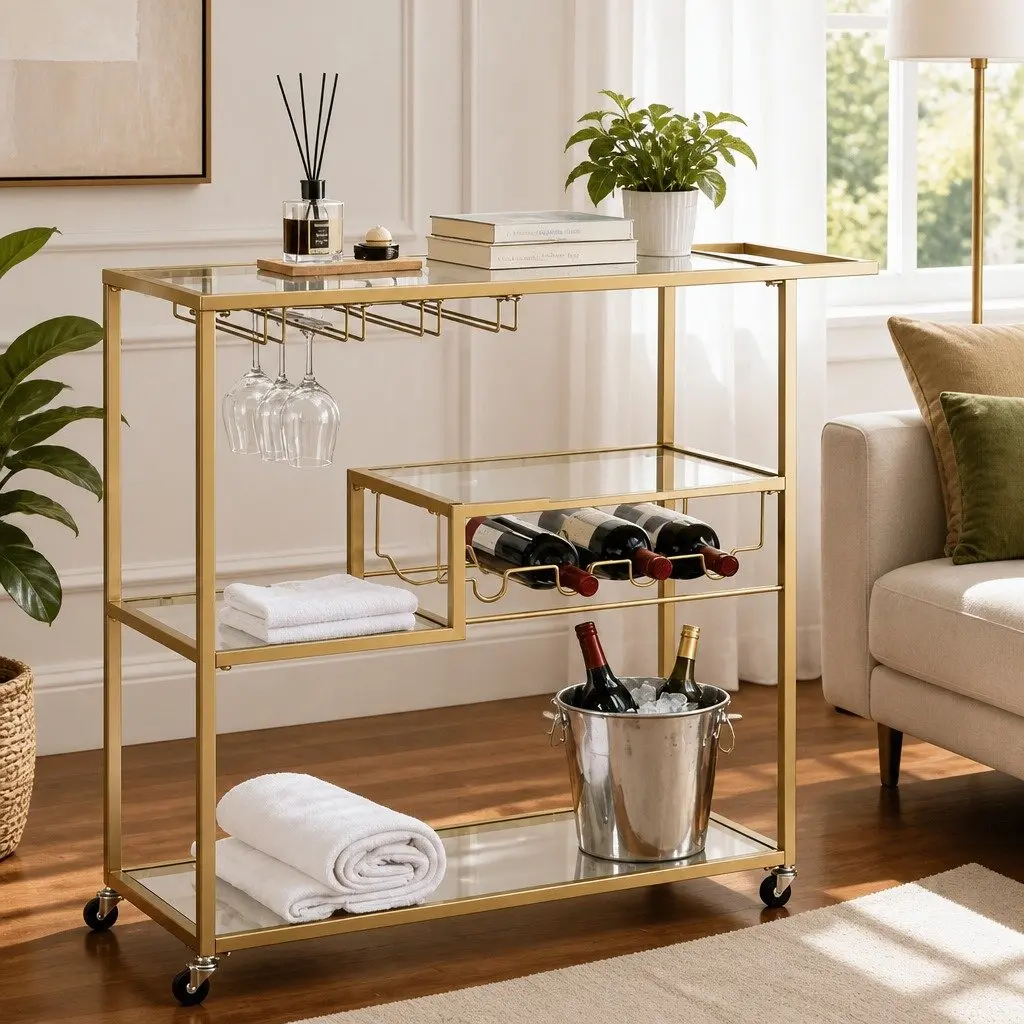 Bar Cart Serving Trolley Mirrored Glass Shelves 102cm Gold Metal Frame