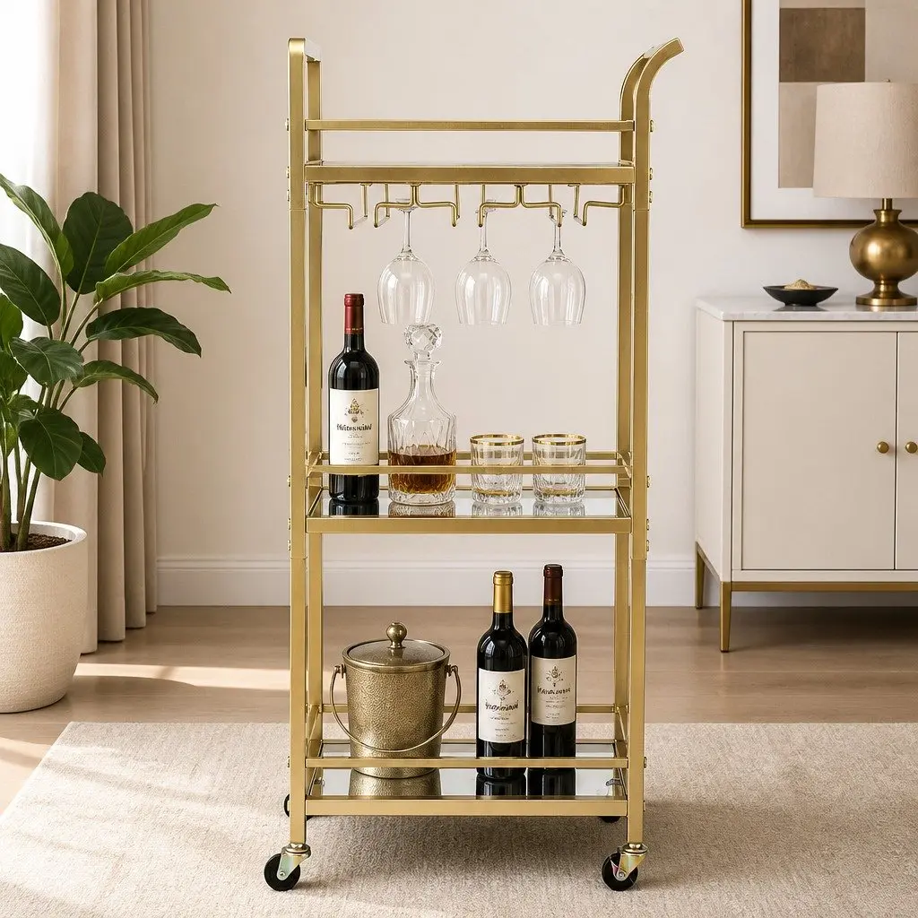 Kitchen Island Cart Trolley Gold 3-Tier Mirrored Tempered Glass Rolling Serving Storage 43cm