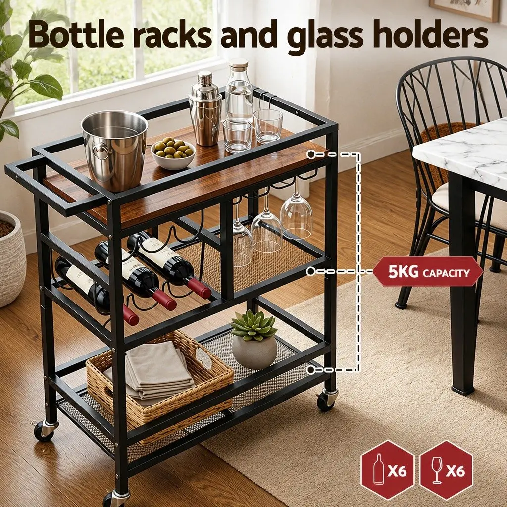 Bar Cart Mobile Kitchen Island Serving Trolley Black Metal Frame with Removable Wine Rack and Glass Holder