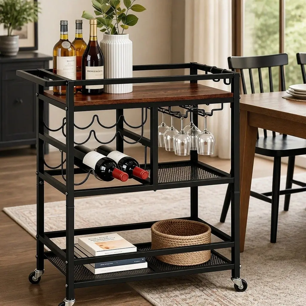 Bar Cart Mobile Kitchen Island Serving Trolley Black Metal Frame with Removable Wine Rack and Glass Holder
