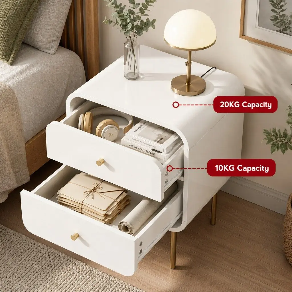 Bedside Table Two Drawers White Metal Legs Storage