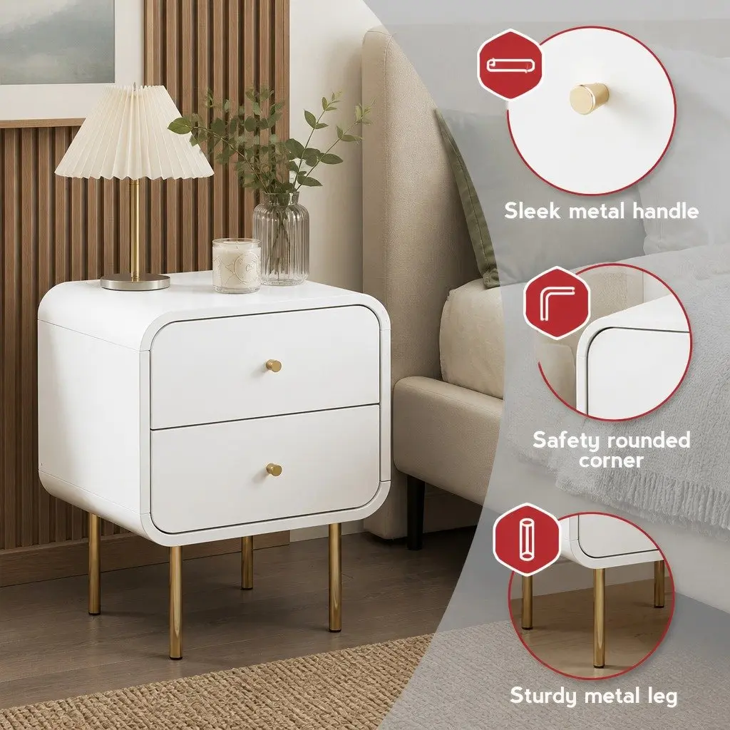 Bedside Table Two Drawers White Metal Legs Storage