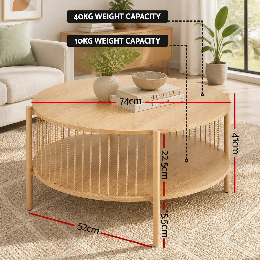 Coffee Table 2-Tier Storage Round Pine MDF Metal Frame