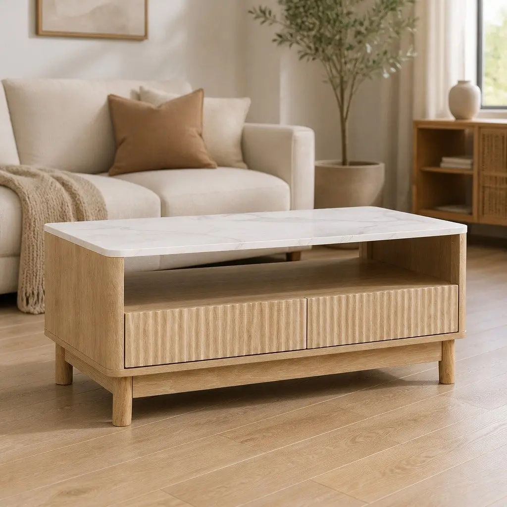 Coffee Table with Drawer Shelf Wood White Marble Effect Living Room Furniture