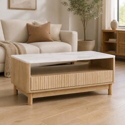 Coffee Table with Drawer Shelf Wood White Marble Effect Living Room Furniture
