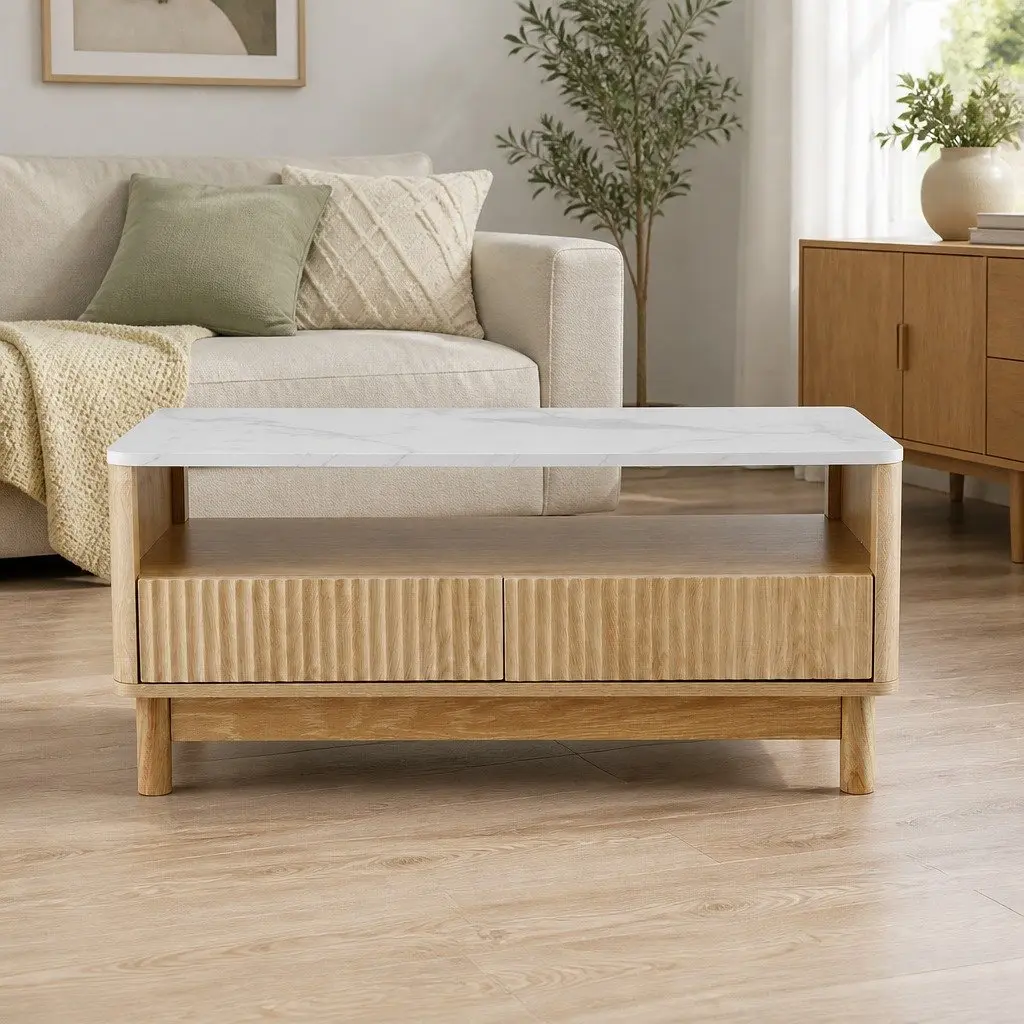 Coffee Table Marble Effect Open Shelf Storage White Wood