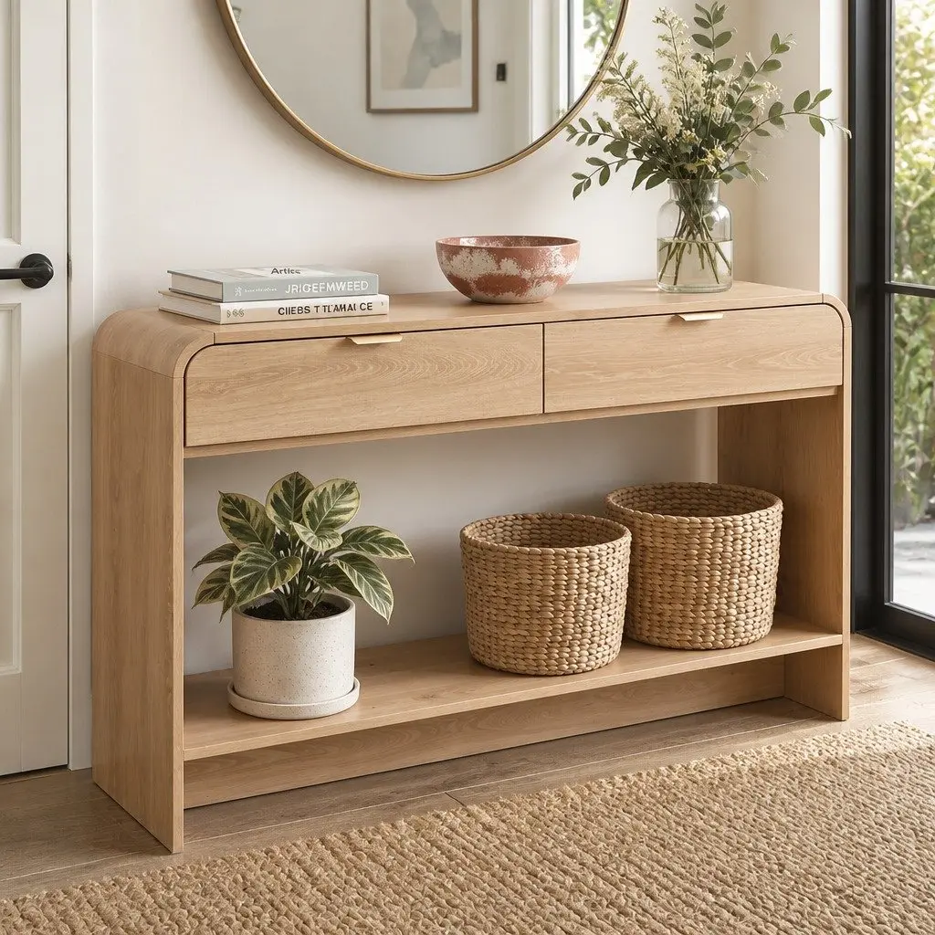 Console Table Storage Drawer Shelf Curved Edge 120CM Pine