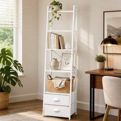 5 Tier Ladder Bookcase with Fabric Drawers Storage Shelving Unit Display Rack
