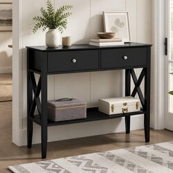 Console Table 2 Drawers 100cm Black Living Room Side Table Storage Open Shelf