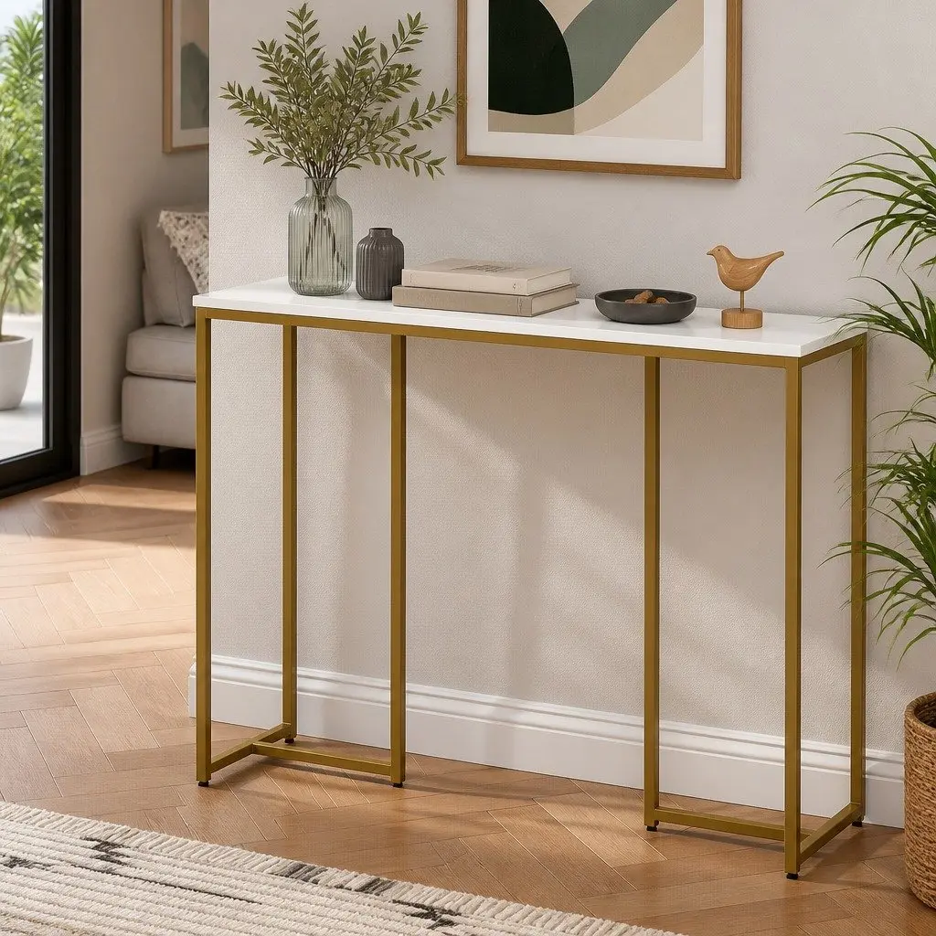 Console Table Marble Effect White Gold Modern Side Table for Hallway Entryway 95cm x 30cm x 79cm