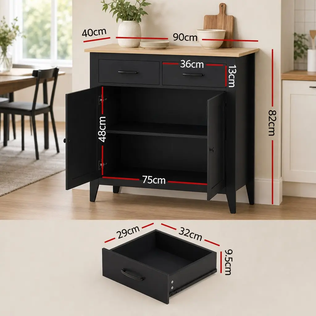 Buffet Sideboard Cabinet 90cm Storage Cupboard 2 Drawers MDF Frame Black