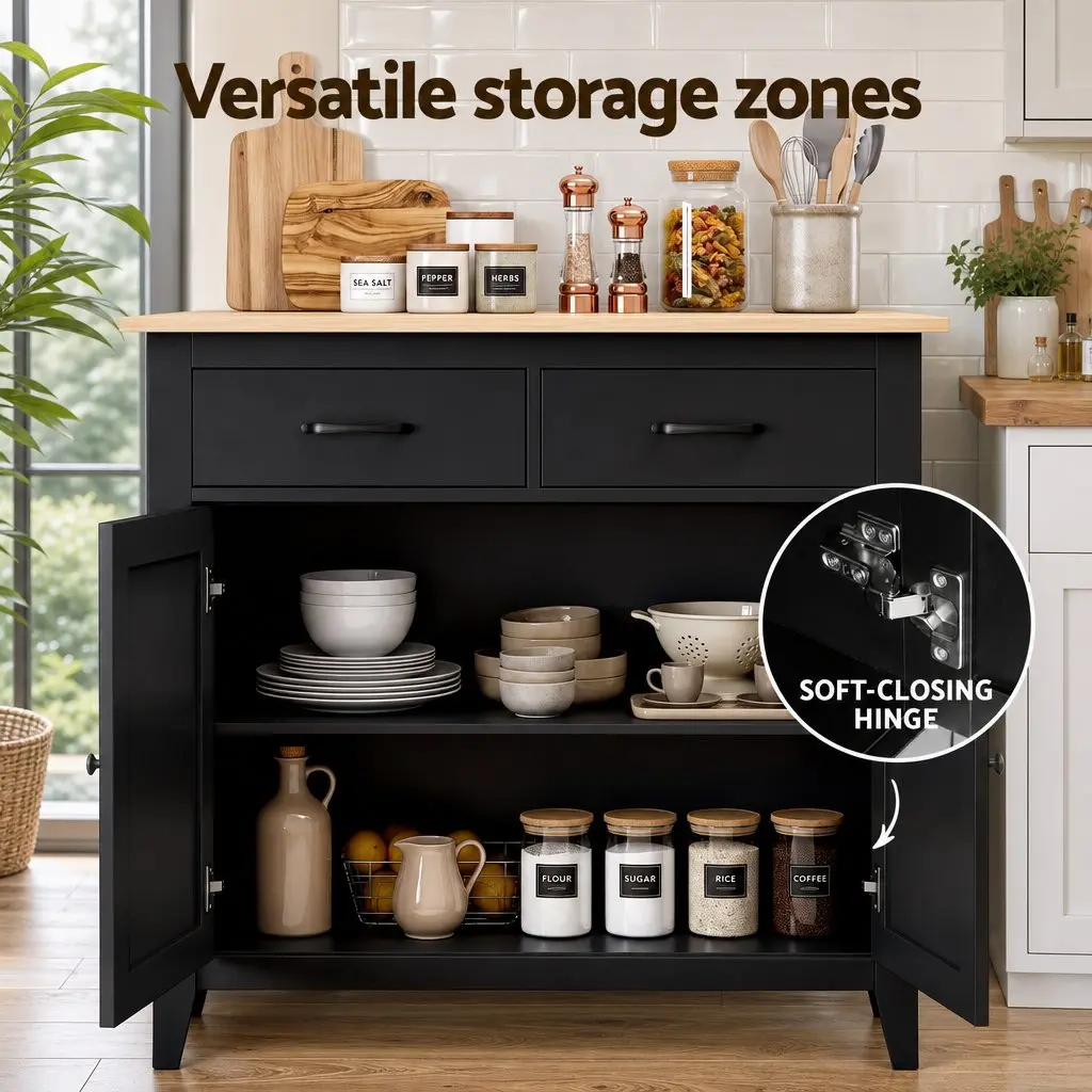 Buffet Sideboard Cabinet 90cm Storage Cupboard 2 Drawers MDF Frame Black