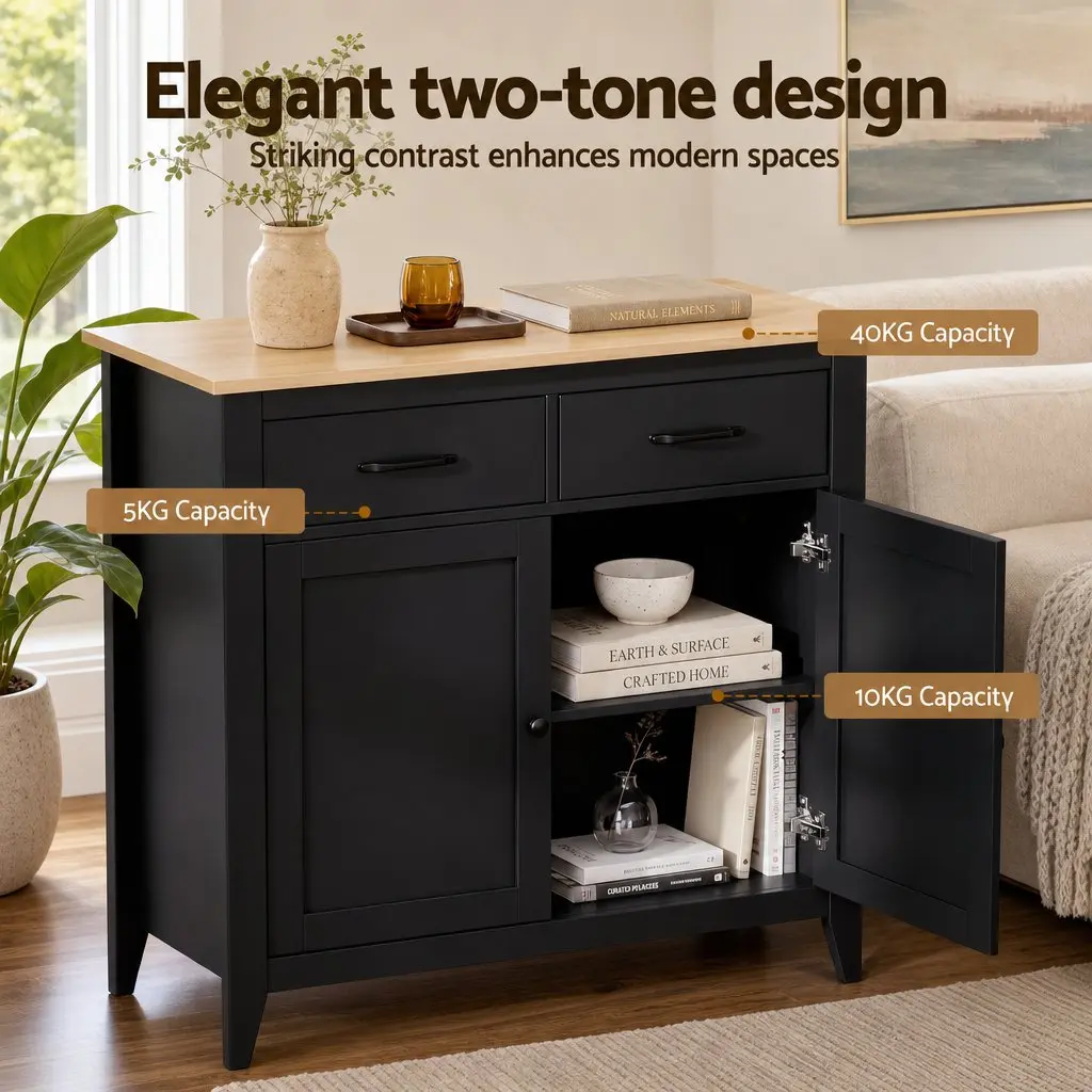 Buffet Sideboard Cabinet 90cm Storage Cupboard 2 Drawers MDF Frame Black