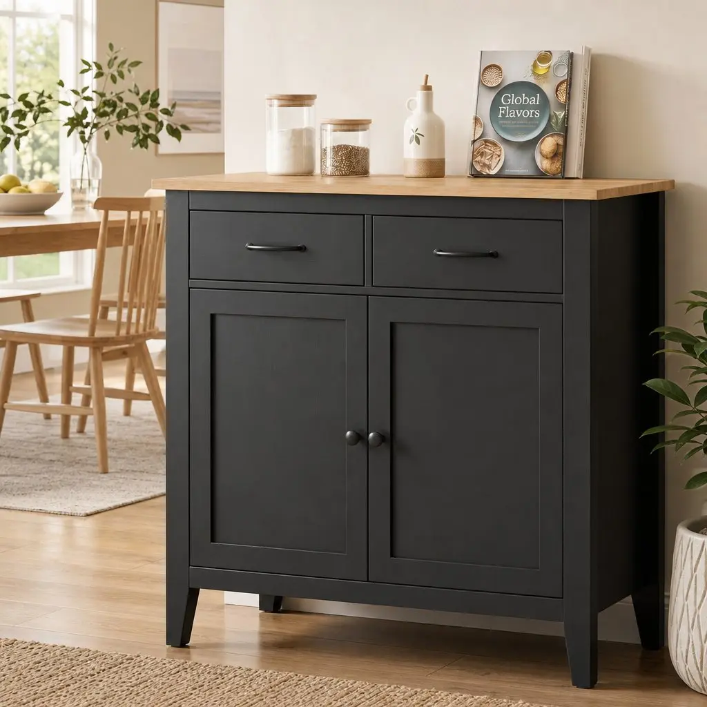 Buffet Sideboard Cabinet 90cm Storage Cupboard 2 Drawers MDF Frame Black