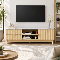 TV Entertainment Unit with Storage Drawers Open Shelves 150cm Pine Wood