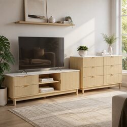 TV Unit & Chest of Drawers Set with Solid Wood Legs Pine Storage Combo