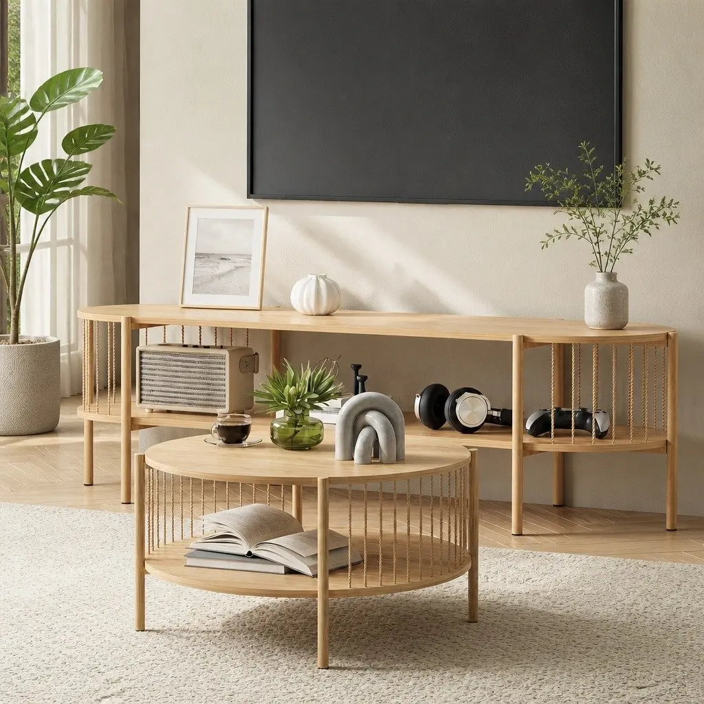 TV Unit and Coffee Table Set Storage Furniture Pine Living Room Entertainment