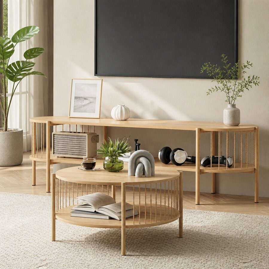 TV Unit and Coffee Table Set Storage Furniture Pine Living Room Entertainment