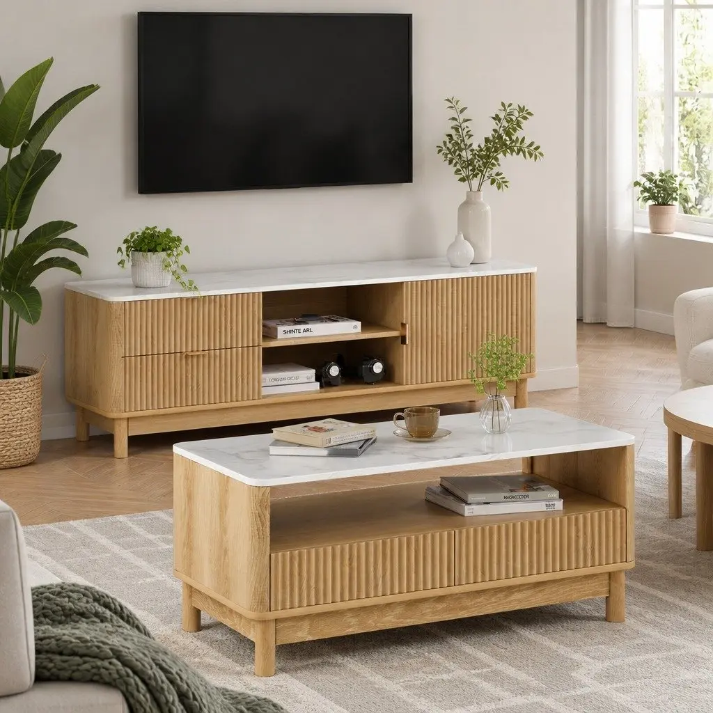 TV Entertainment Unit & Coffee Table Set with Storage Drawers Pine Wood Legs