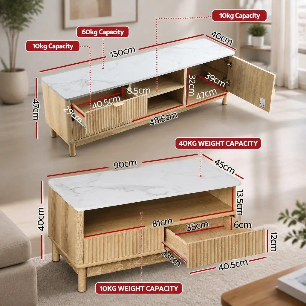 Entertainment Unit and Coffee Table Set with Storage Drawers Pine Wood Legs