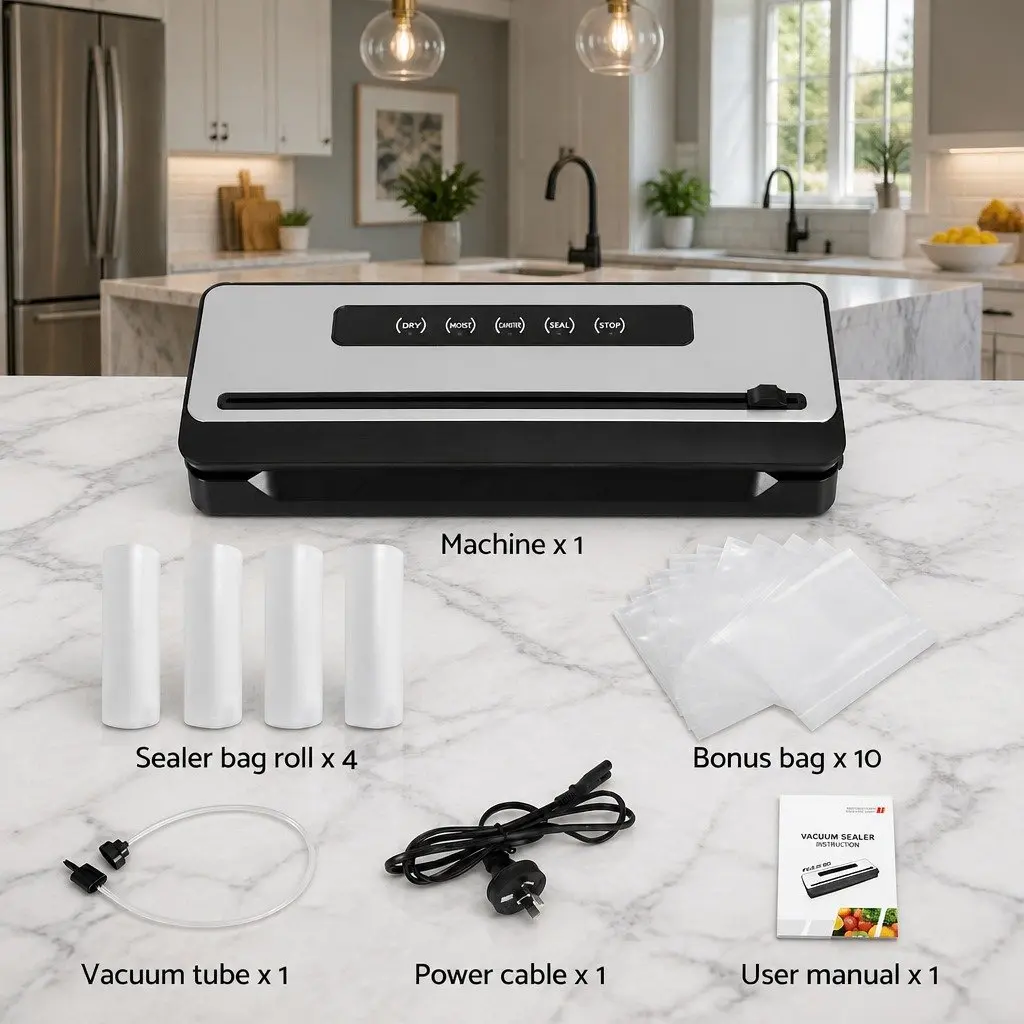 Food Vacuum Sealer Machine 110W Touch Control 60kpa Suction Stainless Steel Silver and Black