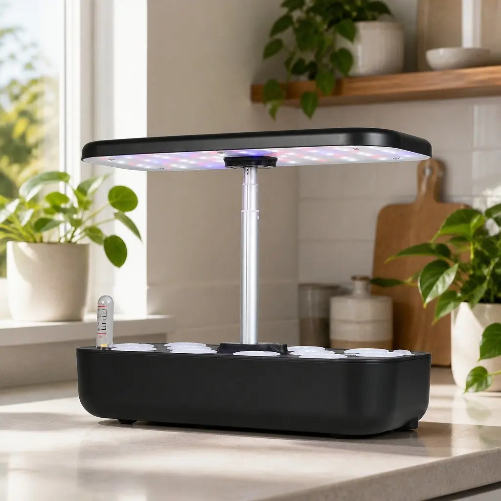Hydroponic Growing System Indoor Adjustable LED Grow Lights 12 Plants Black