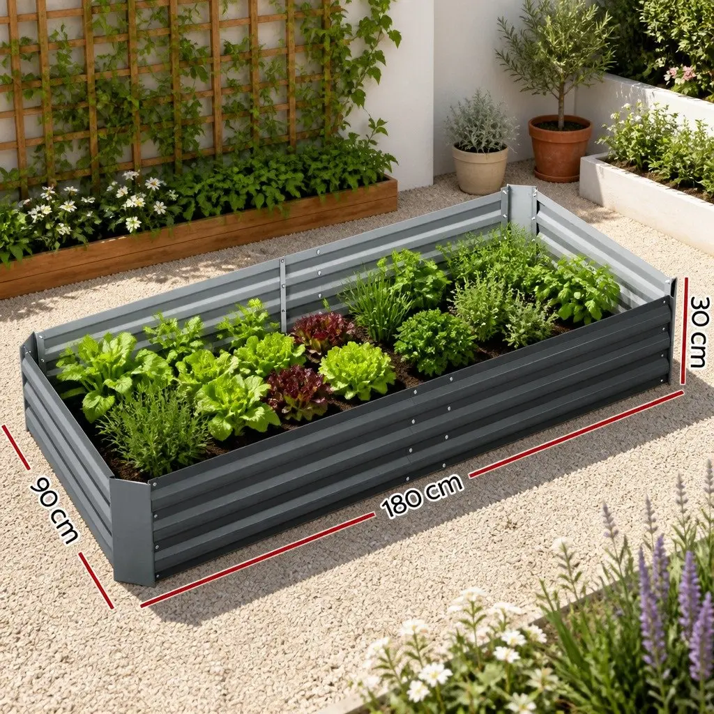 Raised Garden Bed Planter Box Galvanised Steel 180x90cm Aluminium Grey