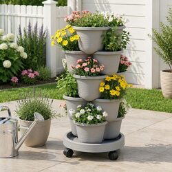 5 Tier Vertical Garden Planter Tower Stackable Movable Wheels Indoor Outdoor
