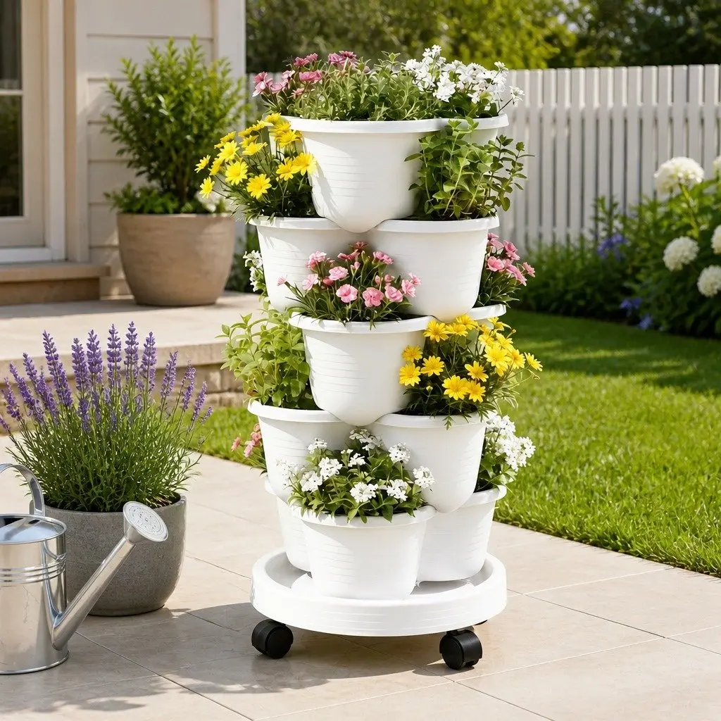 5 Tier Vertical Garden Planter Stackable White Tower with Wheels Auto Drainage