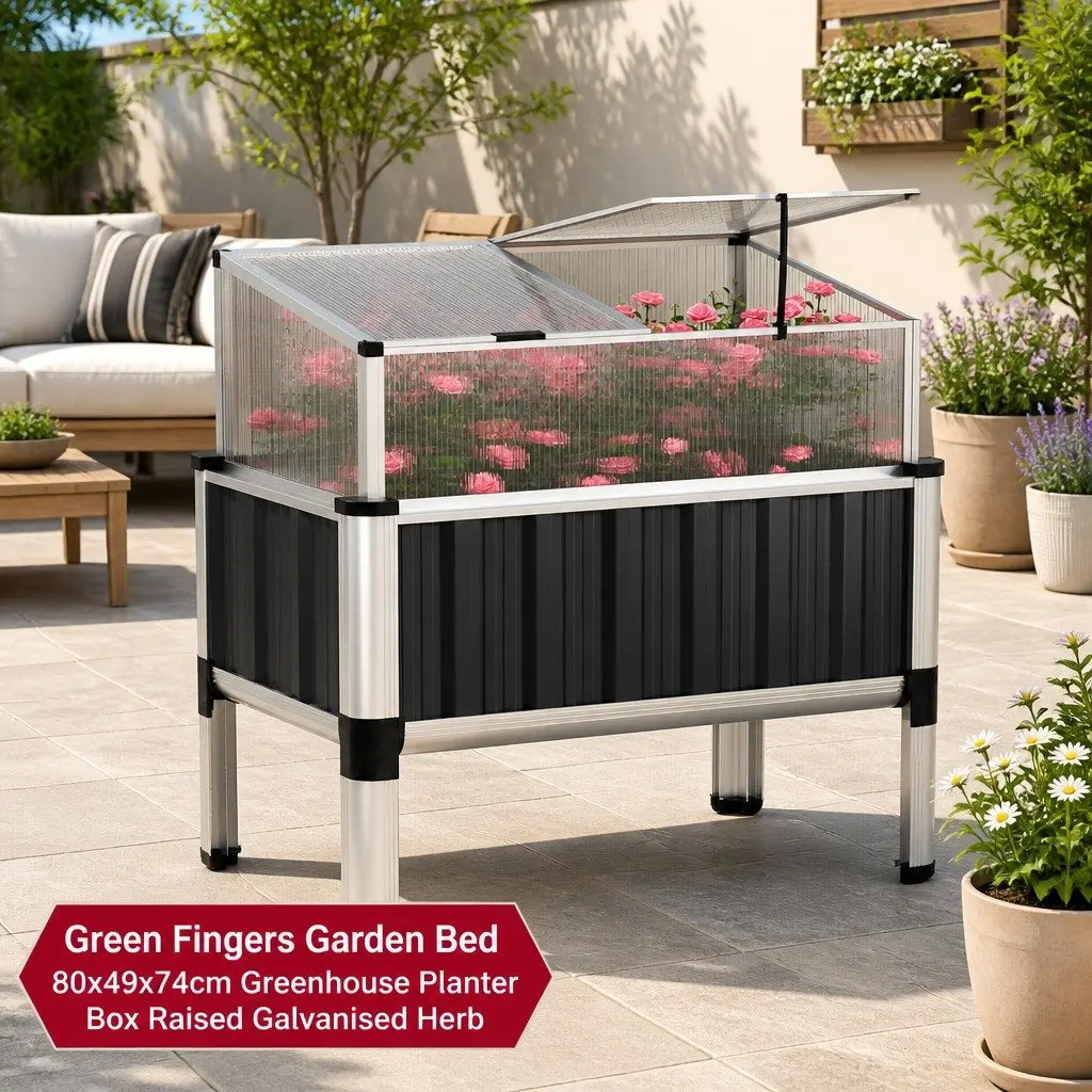 Raised Garden Bed Aluminium Grey 80x49x74cm with Greenhouse Protection for Flowers Vegetables and Herbs