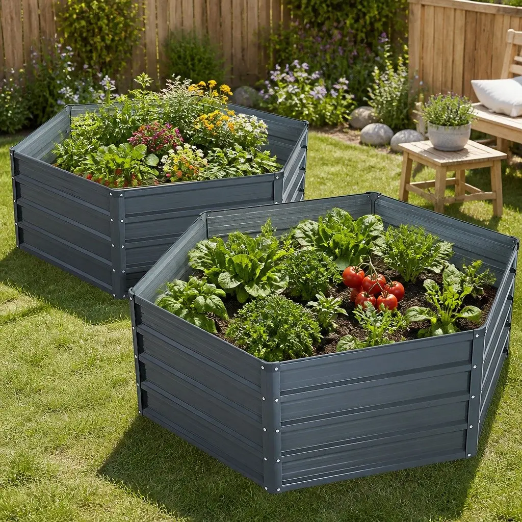Raised Garden Bed Galvanised Steel 130x130x46cm Aluminium Grey 2 Pack