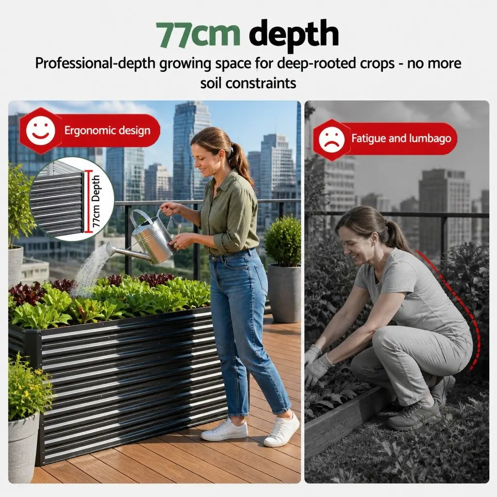 Raised Garden Bed 2-in-1 Modular Configuration 77cm Height Galvanised Steel Aluminium Grey