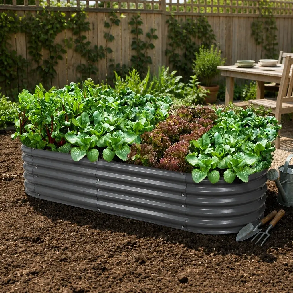 Raised Garden Bed Oval Planter Box Galvanised Steel 160x80x42cm Aluminium Grey