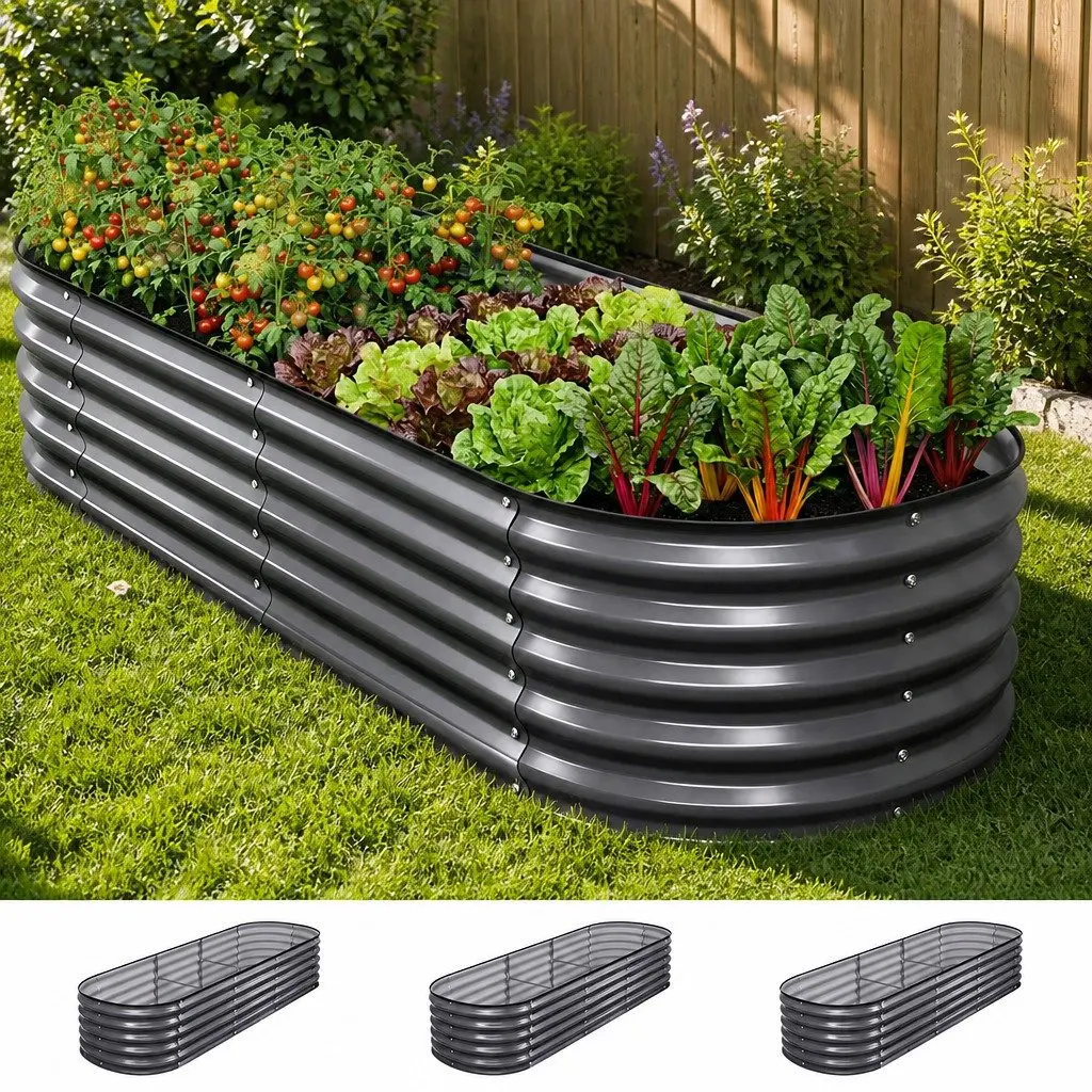 Raised Garden Bed Kit 3 Pack Oval Galvanized Steel Planter Boxes 240x80x42cm