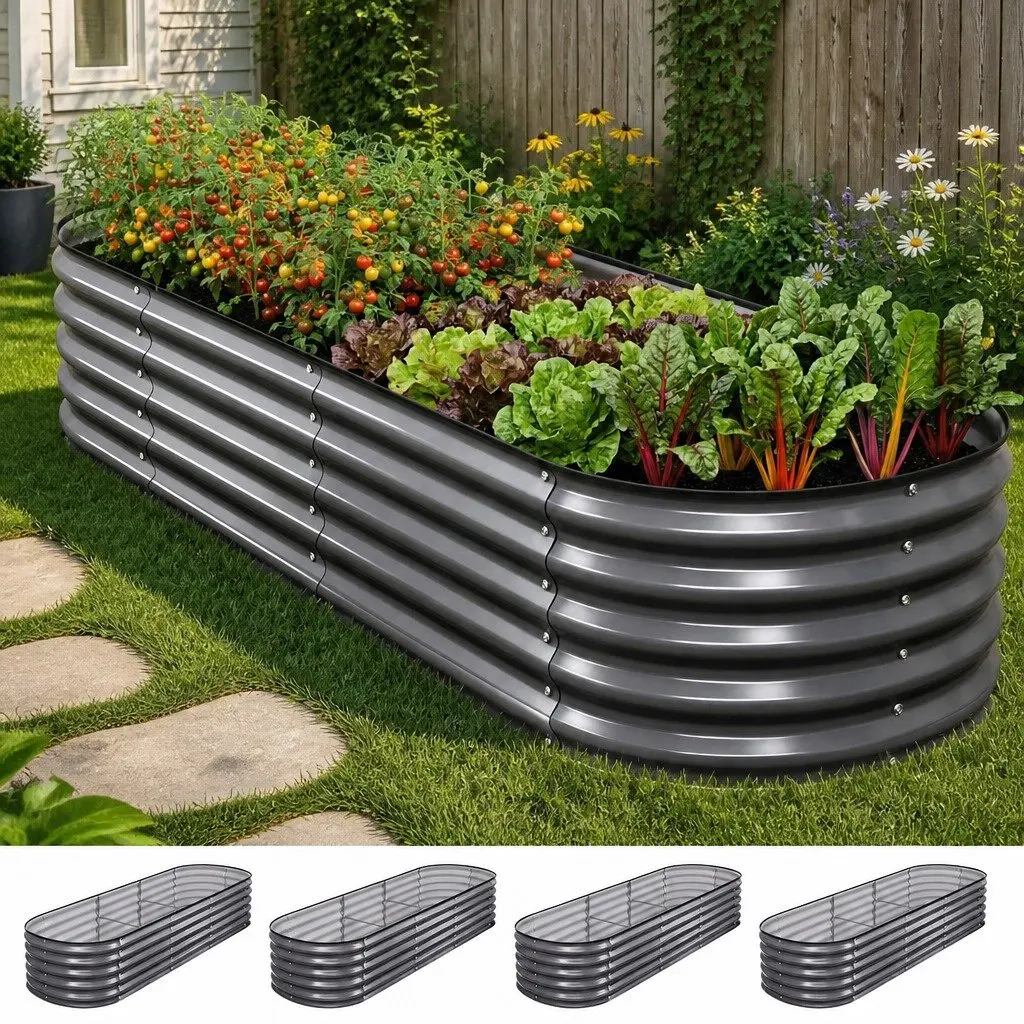 Raised Garden Bed Kit 4 Pcs Oval Galvanized Steel Planter Boxes 240x80x42cm